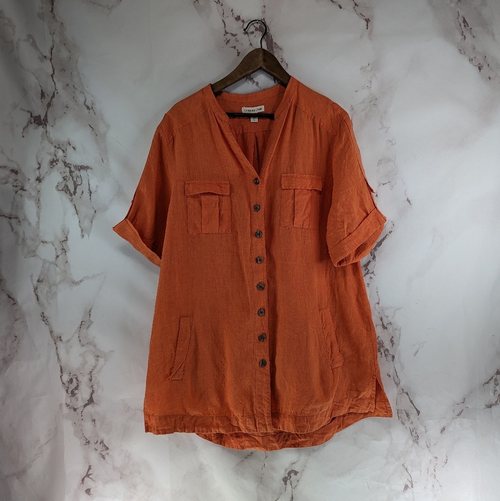 Coldwater Creek Shirt Womens XL Linen Orange Button Up Cuffed Short Sleeve Tunic